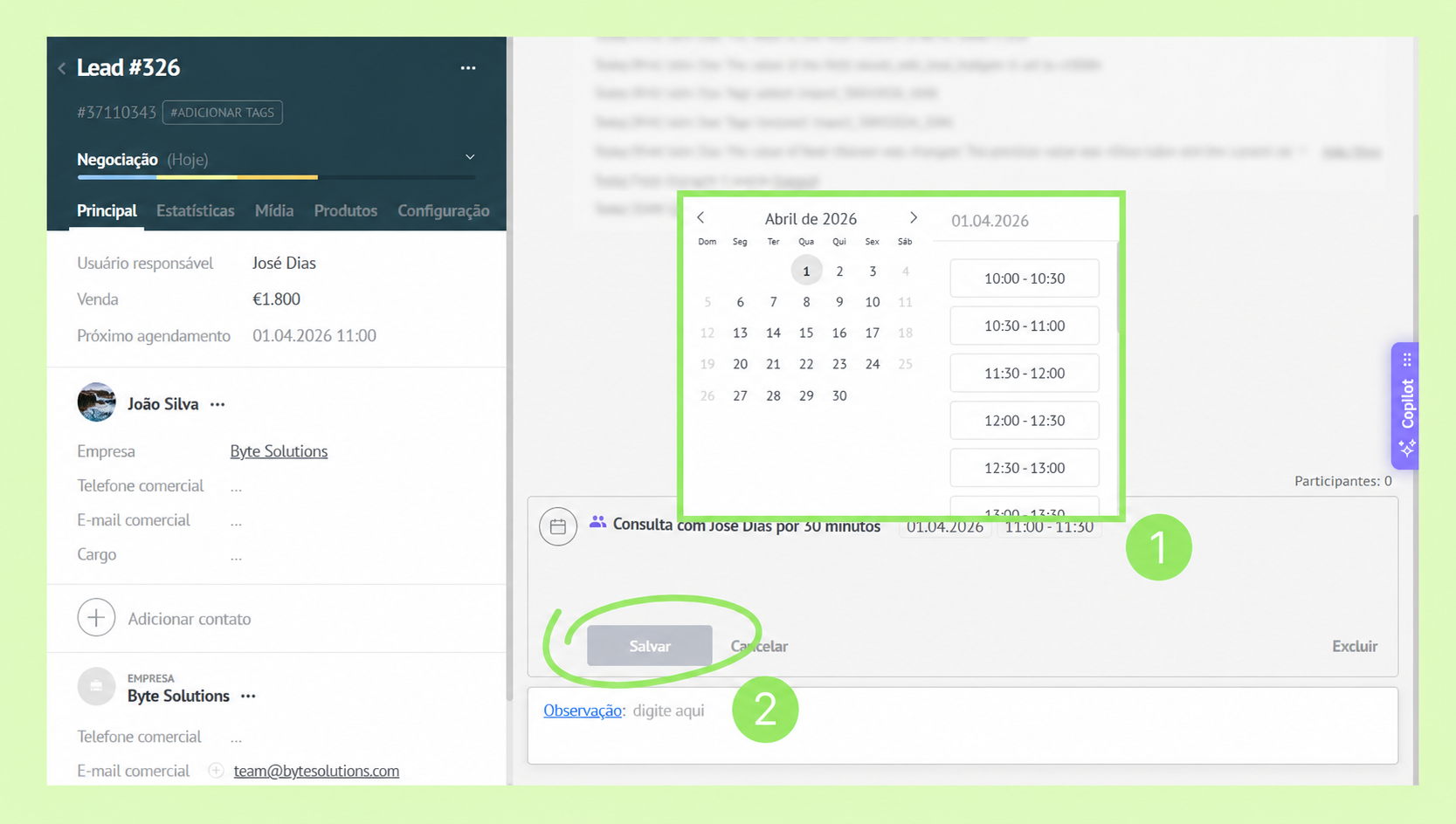 Lead management interface showing appointment scheduling and save button options.